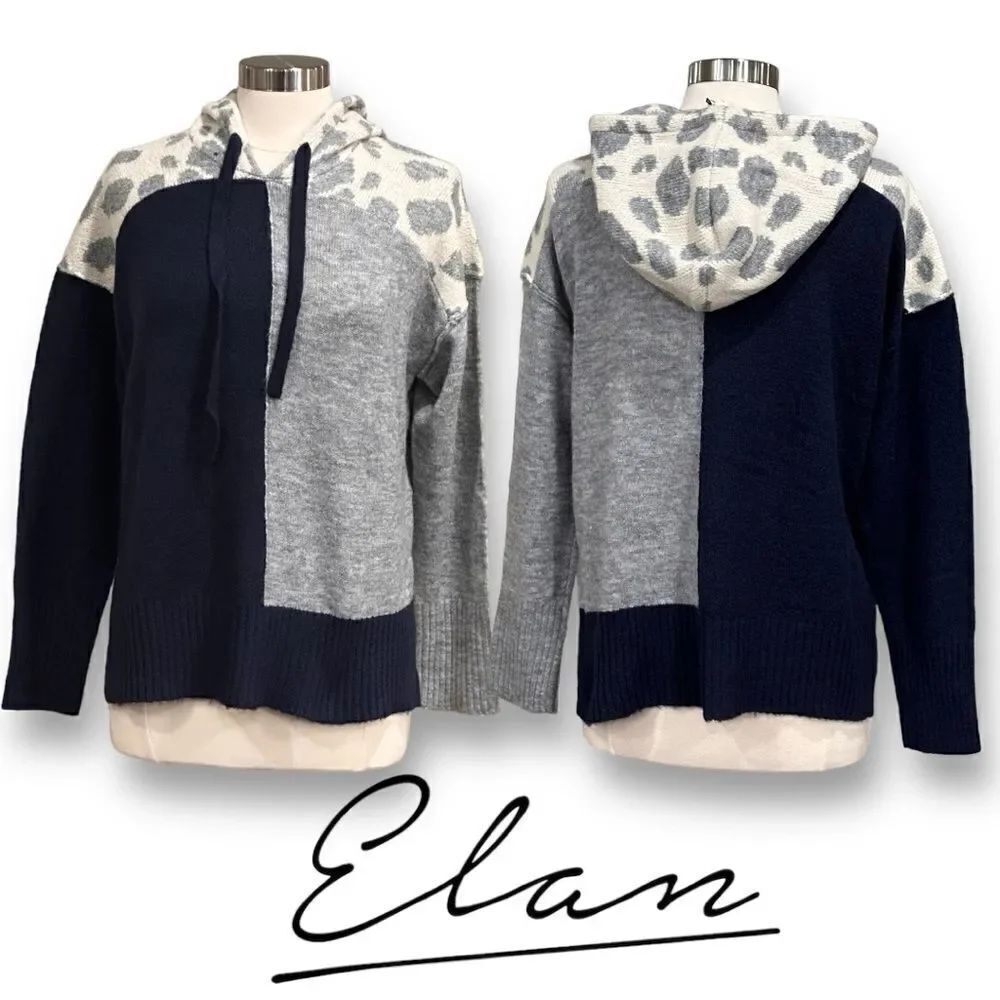 ELAN Women’s Solid & Printed Sweater Knit Color Block Hoodie in the Size Large
